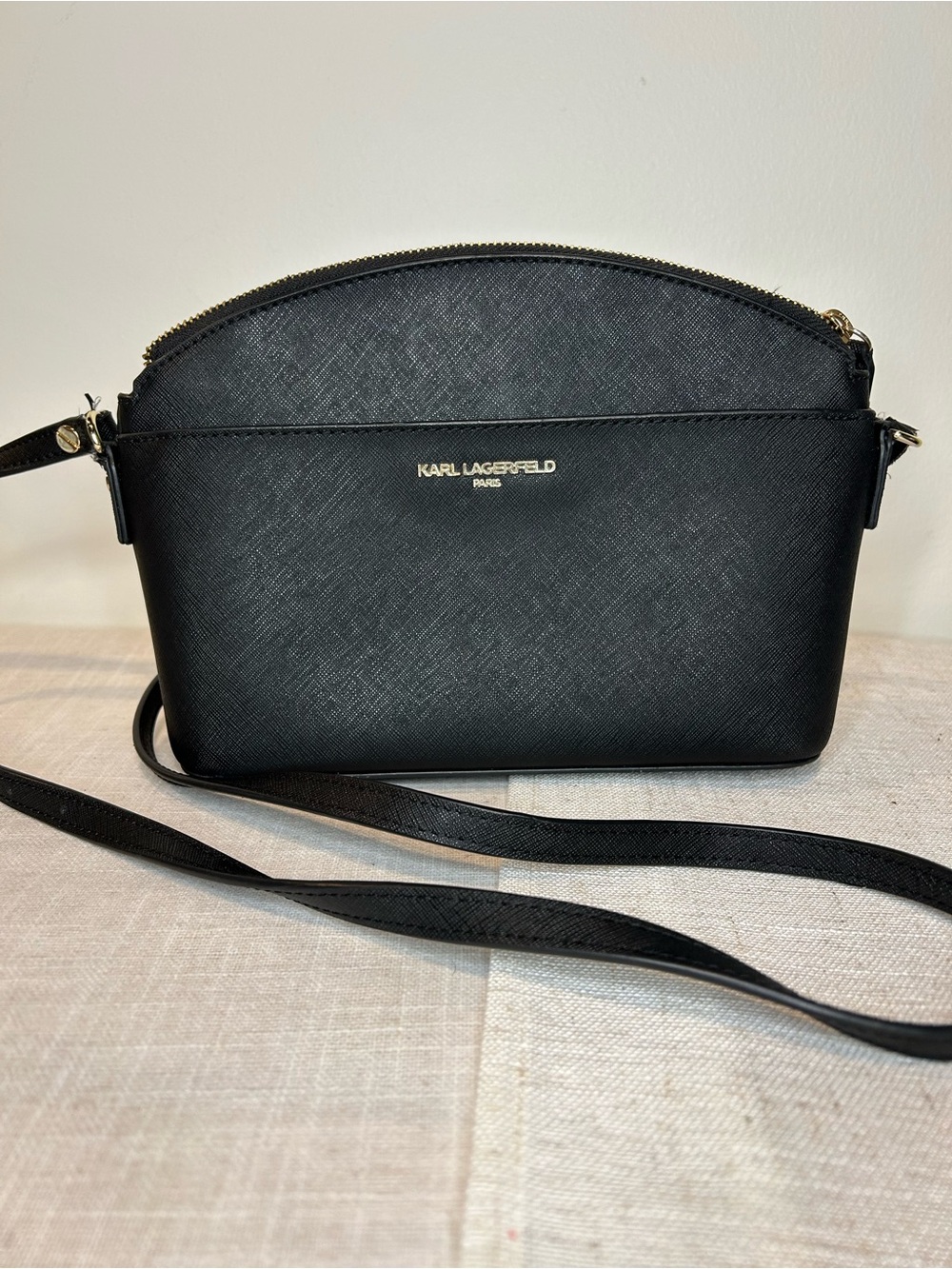 Karl Lagerfeld Black Saffiano Crossbody Bag with Gold Logo